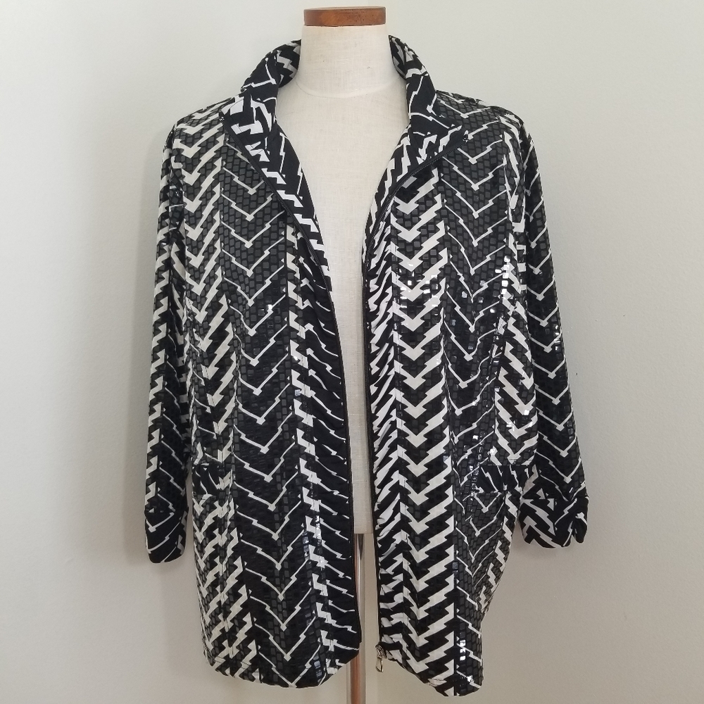 Erin London Black and White Shiny Sequin Geometric Print Jacket